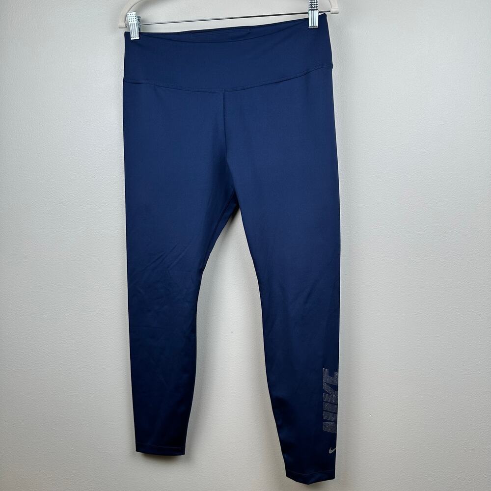 Nike Womens Leggings Dri Fit Mid Rise 7/8 Graphic Logo Navy L Active Gym Running - Picture 5 of 12
